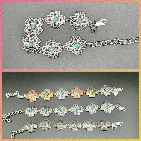 Faux Turquoise and Silver Tone Concho Chain Bracelet #1440 - Picture 1 of 4